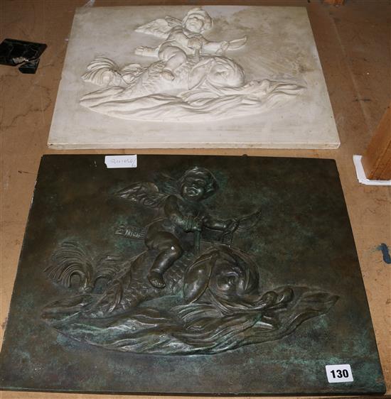 Bronze putti plaque & similar plaster plaque